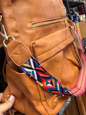 Camel Brown Convertible Faux Backpack Shoulder Bag Multicolor Woven Strap